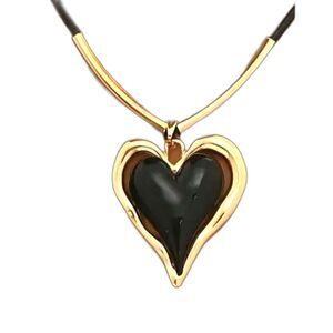 Black Heart Pendant Necklace Gold Tone Cord Necklace Statement Jewelry